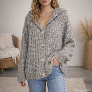 Hem & Thread Gray Chunky Knit Hooded Cardigan Sweater Oversized Sequin S NWT